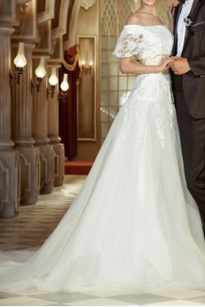 Lace Off-the-Shoulder Cathedral Train Ball Gown with Sequins
