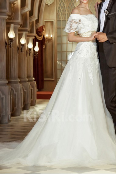 Lace Off-the-Shoulder Cathedral Train Ball Gown with Sequins