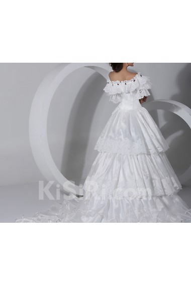 Satin Scoop Neckline Cathedral Train Ball Gown with Handmade Flowers
