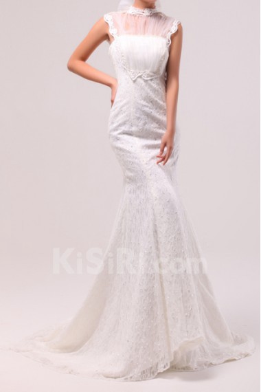 Lace Jewel Neckline Mermaid Gown with Sequins