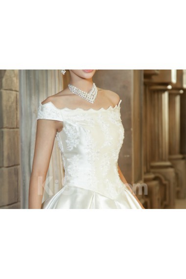 Satin Off-the-Shoulder Floor Length Ball Gown with Pearls