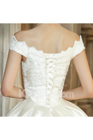 Satin Off-the-Shoulder Floor Length Ball Gown with Pearls