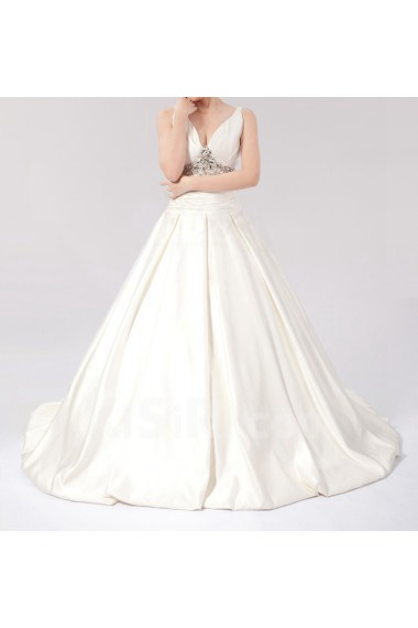 Satin V-neck Ball Gown Dress with Crystal