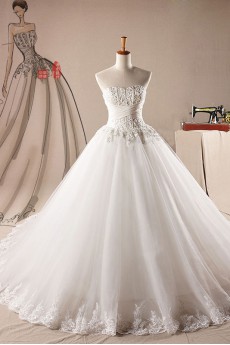 Net Strapless Ball Gown Dress with Pearls