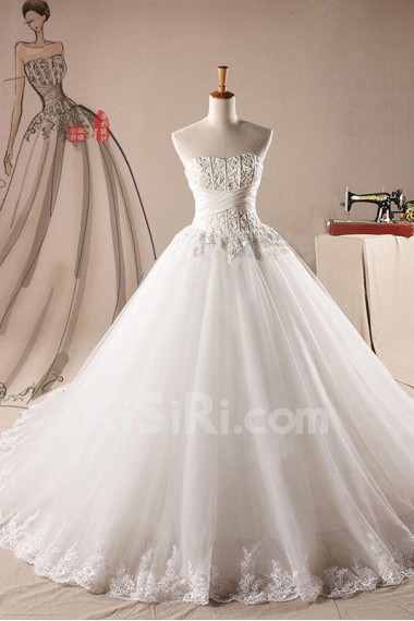 Net Strapless Ball Gown Dress with Pearls