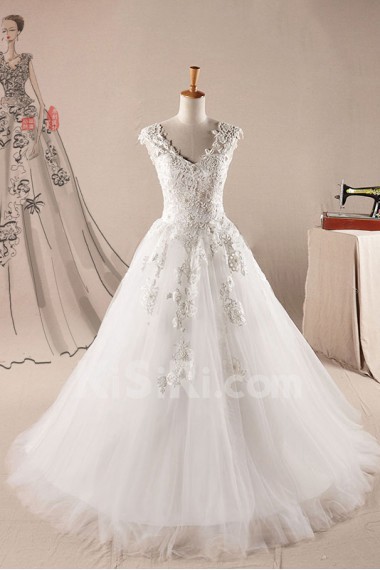 Lace V-neck Ball Gown Dress with Pearls