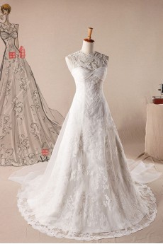 Lace Jewel Neckline A-line Dress