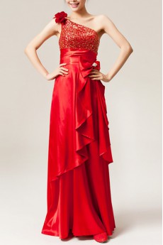 Satin One Shoulder Floor Length A-line Dress with Sequins