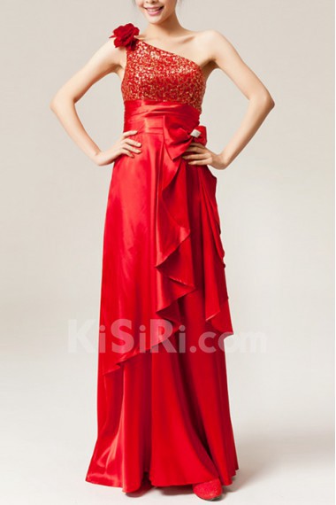 Satin One Shoulder Floor Length A-line Dress with Sequins