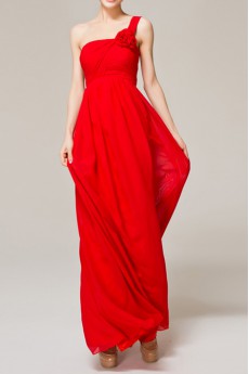 Chiffon One Shoulder Ankle-Length Empire Dress with Handmade Flowers