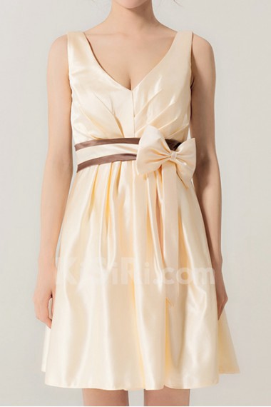 Satin V-neck Short A-line Dress with Bow