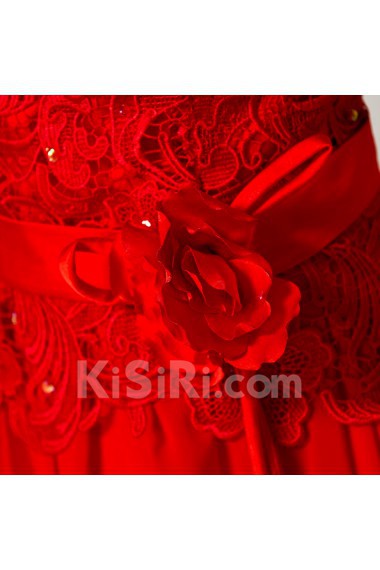 Lace High Collar Neckline Floor Length A-line Dress with Handmade Flowers