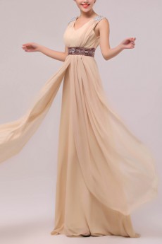 Chiffon V-neck Floor Length Empire Dress with Sequins
