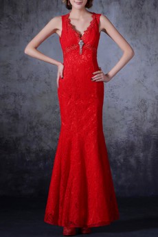 Lace V-neck Floor Length Mermaid Dress with Crystal
