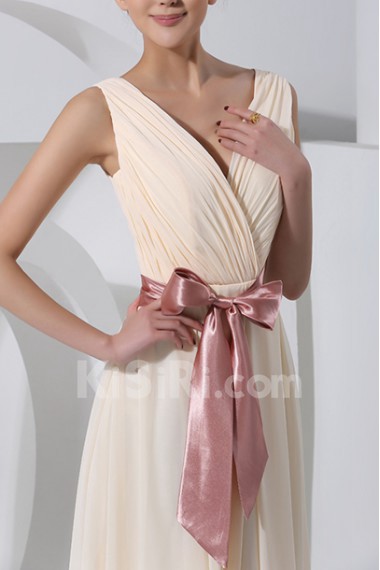 Chiffon V-neck Floor Length Corset Dress with Sash