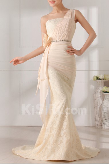 Lace and Chiffon One Shoulder Mermaid Dress with Handmade Flowers