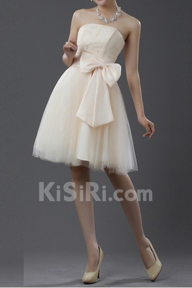 Lace and Satin Strapless Short Dress with Bow