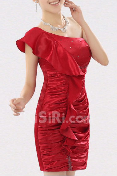 Satin One Shoulder Short Dress with Beading