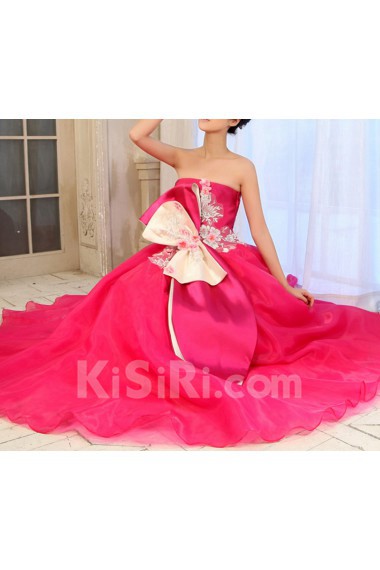 Tulle Strapless Floor Length Ball Gown Dress with Handmade Flowers