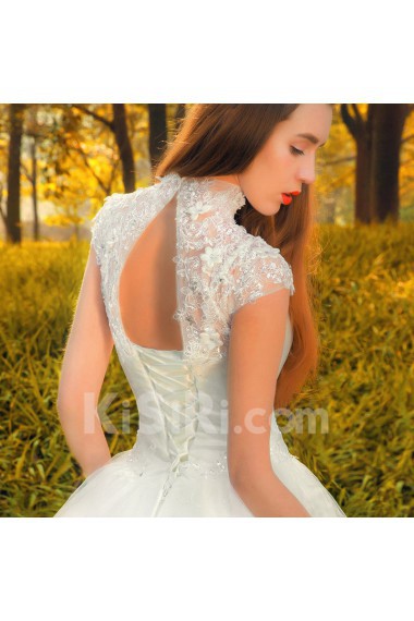 Lace,Satin,Tulle High Collar A-line Dress with Handmade Flowers