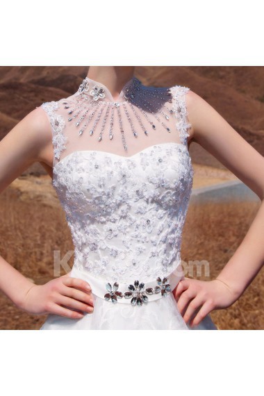 Lace,Satin,Tulle High Collar A-line Dress with Diamond