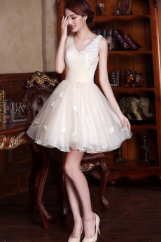 Satin and Tulle V-neck Dress with Handmade Flowers