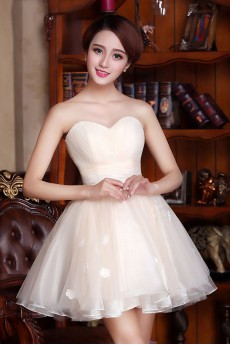 Satin and Net Strapless Dress with Handmade Flowers