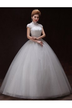 Tulle and Lace High-Neck Ball Gown Dress with handmade Flowers