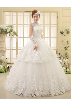 Lace and Tulle High-Neck Ball Gown Dress with Sequin