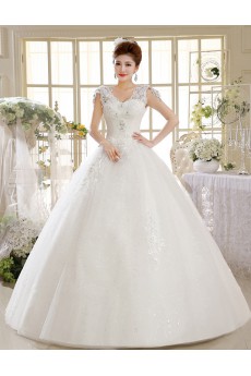 Lace V-Neck Ball Gown Dress with Sequin and Beading