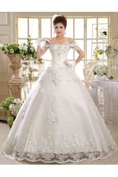 Lace Off-the-Shoulder Ball Gown Dress with Beading and Bead and Sequin