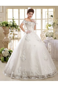 Lace Off-the-Shoulder Ball Gown Dress with Beading and Bead and Sequin