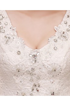 Lace V-Neck Ball Gown Dress with Beading and Bow