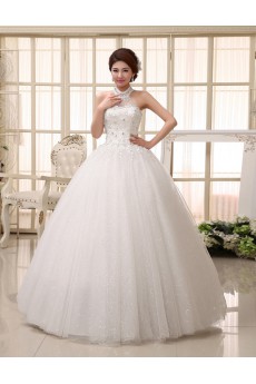 Lace High-Neck Ball Gown Dress with Bead and Beading