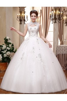 Lace and Tulle High-Neck Ball Gown Dress with Beading and Bead