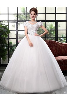 Lace and Tulle V-Neck Ball Gown Dress with Bead and Sequin