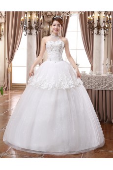 Lace and Tulle High-Neck Ball Gown Dress with Beading and Sequin