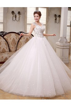 Lace and Tulle V-Neck Ball Gown Dress with Beading