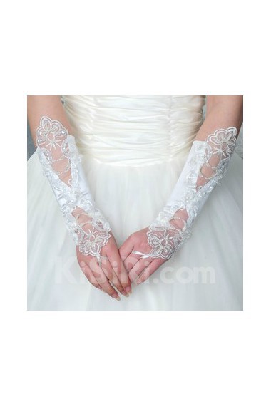Satin Fingerless Elbow Length Wedding Gloves With Lace