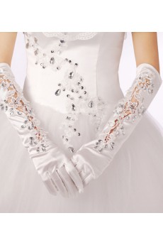 Satin Fingertips Elbow Length Wedding Gloves With Lace Rhinestone