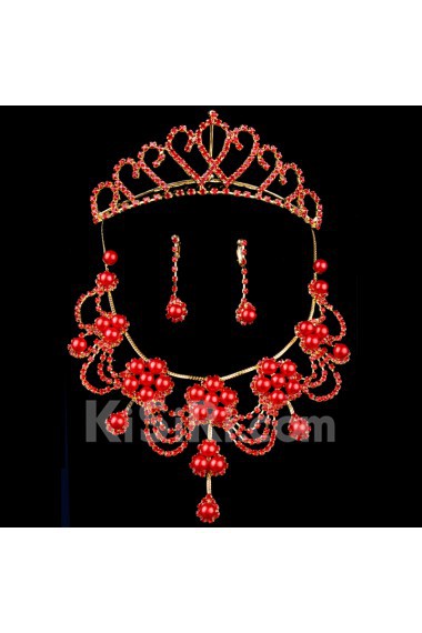 Red Pearls and Rhinestones Wedding Jewelry Set with Necklace,Earrings and Tiara