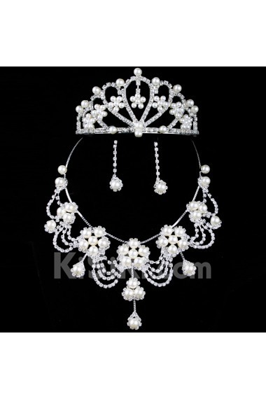 Alloy with Rhinestones and Pearls Wedding Jewelry Set,Including Earrings,Necklace and Tiara