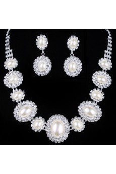 Pearls and Rhinestones Wedding Jewelry Set with Earrings,Necklace and Tiara