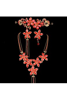 Beauitful Flower Zircons and Rhinestones Wedding Jewelry Set with Earring,Necklace and Headpiece
