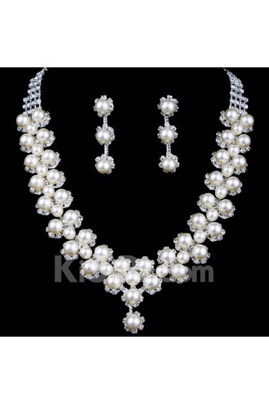 Gorgeous Rhinestones and Pearls with Alloy Plated Wedding Jewelry Set,Including Earrings,Necklace and Headpiece