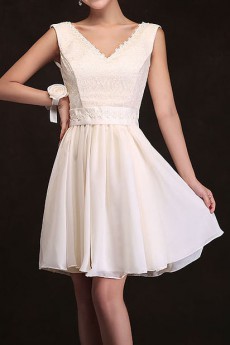Chiffon V-Neck A-Line Dress with Lace