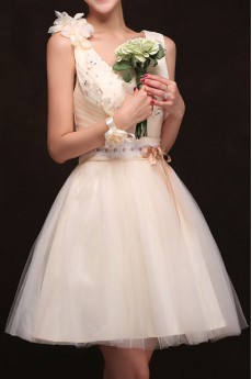 Satin V-Neck A-Line Dress with Handmade Flower