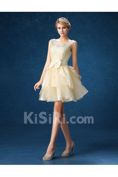 Organza, Lace Jewel Mini/Short Sleeveless A-line Dress with Flower, Bow