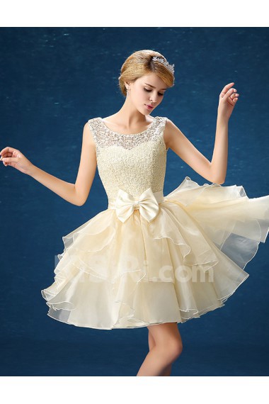 Organza, Lace Jewel Mini/Short Sleeveless A-line Dress with Flower, Bow