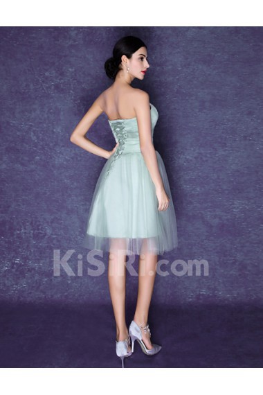 Chiffon, Tulle Strapless Knee-Length Sleeveless A-line Dress with Handmade Flowers